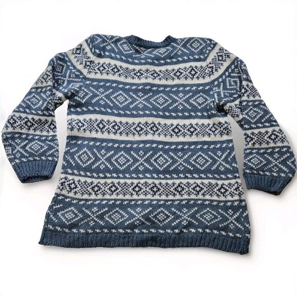 Over Pull Scandinavian Pattern Cardigan Womens L Blue White LS Cottage Lagenlook - Picture 12 of 14